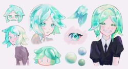 Rule 34 | 1other, androgynous, aqua eyes, aqua hair, black necktie, blush, chibi, crystal hair, gem uniform (houseki no kuni), green eyes, green hair, grin, happy, hashtag only commentary, houseki no kuni, looking at viewer, looking back, looking to the side, multiple views, necktie, orb, other focus, parted lips, phosphophyllite, piyo3pr, puffy short sleeves, puffy sleeves, short hair, short sleeves, simple background, smile, sparkle, surprised, white background