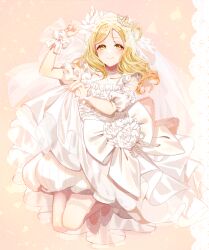 Rule 34 | 1girl, absurdres, blonde hair, blush, closed mouth, crown, detached sleeves, dress, floating hair, flower, full body, hair flower, hair ornament, high heels, highres, jewelry, layered dress, long hair, looking at viewer, love live!, love live! sunshine!!, mini crown, necklace, nky4321, ohara mari, pumps, short sleeves, sleeveless, sleeveless dress, smile, solo, veil, white dress, white flower, white footwear, white sleeves, yellow eyes