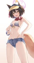 Rule 34 | 1girl, absurdres, alternate costume, animal ears, bikini, blue archive, breasts, cleavage, commentary request, fox ears, fox shadow puppet, fox tail, halo, highres, izuna (blue archive), izuna (swimsuit) (blue archive), looking at viewer, medium breasts, medium hair, okey, scarf, shorts, solo, swimsuit, tail, visor cap, white background, yellow eyes