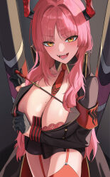 Rule 34 | 1girl, absurdres, armband, black background, black gloves, black jacket, blue archive, blush, bra, bra peek, breasts, cleavage, commentary, cowboy shot, demon horns, detached collar, english commentary, fangs, garter straps, gloves, gradient background, hair intakes, half gloves, highres, horns, jacket, large breasts, long hair, looking at viewer, mole, mole on breast, necktie, open clothes, open jacket, open mouth, orange eyes, parted bangs, pink hair, red bra, red necktie, red thighhighs, satsuki (blue archive), shugo 15, simple background, smile, solo, standing, thighhighs, underwear, wrist cuffs