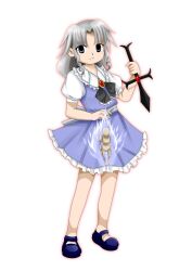 Rule 34 | 1girl, bad id, bad twitter id, black bow, black bowtie, blue dress, bow, bowtie, collar, cross, doll, dress, frills, grey eyes, highres, holding, mary janes, medium hair, mikado (twisted limbo), muse (seihou), red brooch, seihou, shoes, simple background, white background, white collar, zun (style)