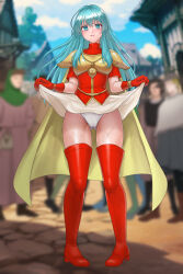 Rule 34 | 1girl, absurdres, angry, aqua eyes, aqua hair, armor, blurry, blurry background, blush, boots, breastplate, cameltoe, cape, clothes lift, commentary request, commission, depth of field, eirika (fire emblem), fire emblem, fire emblem: the sacred stones, full-face blush, gloves, gluteal fold, groin, hazuki (nyorosuke), highres, long hair, looking at viewer, nintendo, panties, red footwear, red gloves, red shirt, red thighhighs, shirt, short sleeves, skeb commission, skirt, skirt lift, solo focus, sweat, thigh boots, thighhighs, turtleneck, underwear, white panties, white skirt, yellow cape