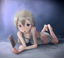 Rule 34 | 00s, 1girl, bad id, bad pixiv id, bare shoulders, barefoot, blonde hair, card, eila ilmatar juutilainen, feet, holding, holding card, long hair, lying, open mouth, purple eyes, sadamatsu ryuuichi, solo, strike witches, world witches series