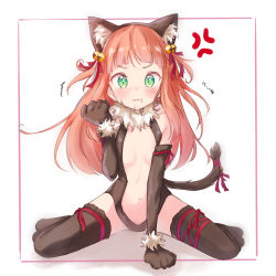 Rule 34 | 1girl, ^^^, aikatsu! (series), aikatsu stars!, anger vein, angry, animal costume, animal ears, animal hands, bare shoulders, bell, blunt bangs, blush, border, breasts, cat costume, cat ears, cat tail, chocomoch, cleavage cutout, clothing cutout, elbow gloves, embarrassed, fake animal ears, fake tail, fang, full body, fur trim, gloves, green eyes, hair bell, hair down, hair ornament, hair ribbon, hairband, highres, leg ribbon, leotard, long hair, navel cutout, official alternate costume, orange hair, outside border, paw gloves, paw shoes, pink border, pout, ribbon, saotome ako, shoes, simple background, sitting, small breasts, solo, spoken anger vein, tail, tail bell, tail ornament, tail ribbon, tearing up, thighhighs, wariza, white background