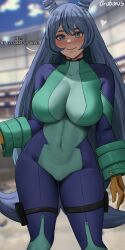 Rule 34 | 1girl, artist name, blue bodysuit, blue eyes, blue hair, blue sky, blurry, blurry background, blush, bodysuit, boku no hero academia, breasts, cloud, drill hair, english text, gloves, hadou nejire, heart, highres, large breasts, light blue hair, long hair, looking at viewer, oroborus, skin tight, sky, smile, solo, superhero costume, thighs, twin drills, very long hair, yellow gloves