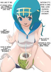 Rule 34 | 1girl, arched back, blue hair, blush, breasts, censored, cleft of venus, collarbone, covered erect nipples, creatures (company), freckles, game freak, gold hairband, hair tie, hairband, highres, lana (pokemon), long hair, looking at viewer, makoto daikichi, navel, nintendo, aged up, open mouth, pokemon, pokemon (anime), pokemon sm (anime), sitting, solo, translated