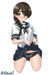 Rule 34 | 10s, 1girl, bad id, bad twitter id, black panties, blue bow, blue skirt, blush, bow, bow panties, braid, brown eyes, brown hair, clothes lift, collarbone, cowboy shot, cropped legs, ebifurya, gluteal fold, hair bow, hair over shoulder, highres, inactive account, kantai collection, lifted by self, long hair, open mouth, panties, pleated skirt, red bow, school uniform, serafuku, short sleeves, simple background, single braid, skirt, skirt lift, solo, sweat, twitter username, underwear, uranami (kancolle), white background