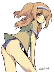 Rule 34 | 10011018, 1girl, ass, blush, breasts, brown eyes, brown hair, cowboy shot, from behind, hairband, i-26 (kancolle), kantai collection, light brown hair, long hair, looking at viewer, medium breasts, school swimsuit, short sleeves, simple background, solo, swimsuit, twitter username, two-tone hairband, two side up, white background