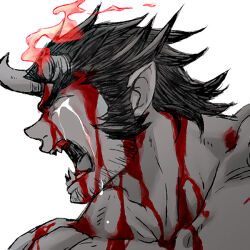 Rule 34 | 1boy, bara, blood, blood on face, broken horn, crying, demon boy, demon horns, facial hair, facing away, fang, horns, large pectorals, long sideburns, male focus, mature male, mugi (pixiv 187163), muscular, muscular male, no pupils, oni, open mouth, pectorals, portrait, red theme, short hair, shouting, sideburns, solo, spot color, stubble, takemaru (housamo), thick eyebrows, tokyo houkago summoners