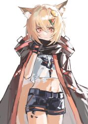 Rule 34 | 1girl, animal ear fluff, arknights, black cape, black gloves, black shorts, blonde hair, cape, chinese commentary, closed mouth, commentary request, cowboy shot, crop top, earrings, fang, fang out, food-themed hair ornament, gloves, hair ornament, hand up, highres, hood, hood down, hooded cape, jewelry, jiang bian zhishu, looking at viewer, material growth, melon hair ornament, midriff, orange eyes, oripathy lesion (arknights), pendant, shirt, short hair, shorts, simple background, solo, vermeil (arknights), white background, white shirt