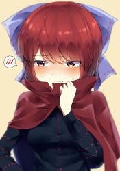 Rule 34 | 1girl, black jacket, blush, bow, breasts, cape, closed mouth, eyes visible through hair, hair between eyes, hand up, highres, jacket, kisamu (ksmz), long sleeves, medium breasts, purple bow, red cape, red hair, sekibanki, short hair, simple background, solo, touhou, yellow background, yellow eyes