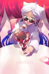 Rule 34 | 1boy, blue hair, blush, buttons, captain nemo (fate), cup, dessert, eating, echo (circa), fate/grand order, fate (series), food, glass, gradient hair, green eyes, hat feather, ice cream, jacket, light brown hair, long hair, long sleeves, looking at viewer, multicolored hair, nemo (fate), open mouth, parfait, spoon, thighs, turban, two-tone hair, white headwear, white jacket