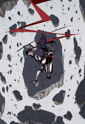 Rule 34 | 1girl, absurdres, artist name, bandaged arm, bandages, black eyes, black hair, electricity, fighting stance, floating rock, grey background, hair between eyes, highres, holding, holding sword, holding weapon, izuzu maiba, katana, looking at viewer, looking up, ninja, original, ponytail, rubble, shimure (460), solo, squatting, sword, v-shaped eyebrows, weapon