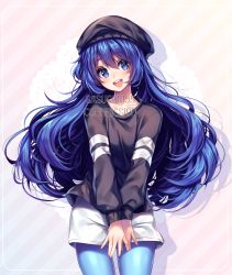 Rule 34 | 1girl, absurdres, black hat, blue eyes, blue hair, blue pantyhose, blush, collarbone, commission, hat, highres, long hair, long sleeves, looking at viewer, open mouth, original, pantyhose, sasucchi95, smile, solo, teeth, upper teeth only, very long hair