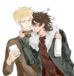 Rule 34 | +++, 2boys, allloy, atou haruki, black jacket, blonde hair, bottle, brown hair, brown sweater, chinese commentary, closed eyes, commentary request, cup, drunk, fur-trimmed jacket, fur trim, hand up, highres, holding, holding bottle, holding cup, isoi reiji, jacket, long sleeves, male focus, multiple boys, open clothes, open jacket, open mouth, red shirt, saibou shinkyoku, sanpaku, shirt, short hair, simple background, sweat, sweater, turtleneck, turtleneck sweater, white background