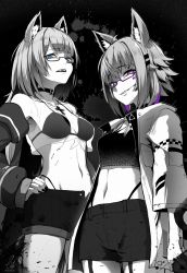 Rule 34 | 2girls, animal ear fluff, animal ears, breasts, commission, crop top, ebiblue, gesugao, glasses, greyscale, hair ornament, hairclip, highleg, highres, ink, jacket, long sleeves, looking at viewer, midriff, monochrome, multiple girls, navel, off shoulder, open clothes, open jacket, open mouth, original, purple eyes, school uniform, shaded face, short hair, shorts, sidelocks, smile, spot color, stomach