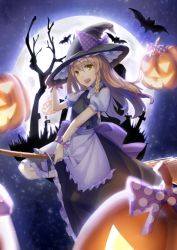 Rule 34 | 1girl, absurdres, apron, bat (animal), blonde hair, bow, braid, broom, broom riding, canzhajiang, flying, full moon, halloween, hand on headwear, hat, hat bow, highres, holding, holding hat, jack-o&#039;-lantern, kirisame marisa, long hair, looking at viewer, moon, night, night sky, open mouth, polka dot, polka dot bow, puffy short sleeves, puffy sleeves, pumpkin, shirt, short sleeves, skirt, skirt set, sky, solo, tombstone, touhou, tree, witch hat, yellow eyes