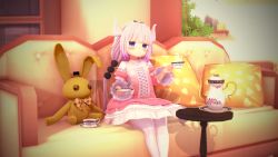 Rule 34 | 1girl, 3d, absurdres, blue eyes, child, couch, dragon horns, flat chest, highres, horns, indoors, kanna kamui, kobayashi-san chi no maidragon, long hair, pillow, pink hair, sitting, sodevs, solo, stuffed animal, stuffed toy, tea, thighhighs, white thighhighs
