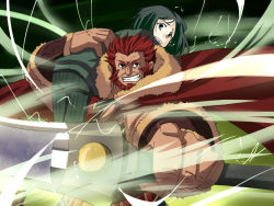 Rule 34 | 2boys, armor, beard, cape, carrying over shoulder, facial hair, fate/zero, fate (series), green eyes, green hair, iskandar (fate), male focus, manly, multiple boys, person over shoulder, perspective, red eyes, red hair, sword, urako, waver velvet, weapon, wind