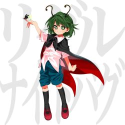 Rule 34 | 1girl, androgynous, antennae, black cape, black socks, blue shorts, bug, cape, closed mouth, collared shirt, commentary request, firefly, flat chest, full body, green eyes, green hair, happy, harukawa moe (style), highres, insect, keiki8296, kneehighs, mary janes, red cape, red footwear, shirt, shoes, short hair, short sleeves, shorts, smile, socks, solo, tomboy, touhou, two-sided cape, two-sided fabric, white shirt, wriggle nightbug