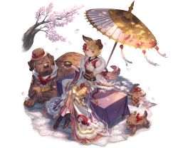 Rule 34 | 1girl, :3, alternate costume, animal ears, bare shoulders, blonde hair, blush stickers, boots, braid, brown eyes, cherry blossoms, claws, cup, detached sleeves, dog, dog ears, dog tail, erune, floral print, flower, frills, fur trim, garjana, granblue fantasy, green tea, hat, japanese clothes, kimono, crossed legs, minaba hideo, nail polish, obi, official art, oil-paper umbrella, puppy, sash, scarf, see-through, short hair, sitting, tail, tea, transparent background, branch, umbrella, vajra (granblue fantasy)