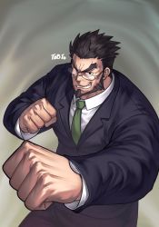 Rule 34 | 1boy, bara, beard, black suit, character request, check copyright, collared shirt, copyright request, dobito mn, facial hair, feet out of frame, formal, frown, glasses, green necktie, grey-framed eyewear, grin, highres, incoming attack, incoming punch, looking at viewer, male focus, mature male, muscular, muscular male, necktie, original, pectorals, punching, salaryman, shirt, short hair, smile, solo, spiked hair, suit, thick eyebrows, undershirt, watch, wristwatch