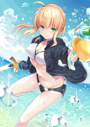 Rule 34 | 1girl, ahoge, artoria pendragon (fate), artoria pendragon (swimsuit archer) (fate), artoria pendragon (swimsuit archer) (second ascension) (fate), bikini, black jacket, blonde hair, blue sky, braid, breasts, cleavage, day, excalibur (fate/stay night), fate/grand order, fate (series), glowing, glowing sword, glowing weapon, green eyes, highres, holding, holding sword, holding weapon, jacket, looking at viewer, medium breasts, nagiha kuten, navel, ocean, open clothes, open jacket, sky, smile, solo, splashing, swimsuit, sword, water gun, weapon, white bikini