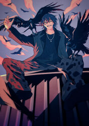 Rule 34 | 1boy, animal, arm at side, arm up, bird, black jacket, black shirt, blue sky, cloud, cloudy sky, container, crow, ear piercing, full body, grin, hair between eyes, highres, jacket, jewelry, looking at viewer, male focus, morio (m machi), necklace, original, pearl necklace, piercing, purple hair, shirt, sitting, sky, smile, solo, spread legs, teeth, wolf cut