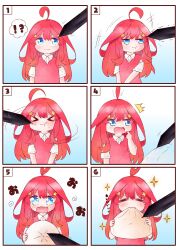 Rule 34 | !?, &gt; &lt;, + +, 1girl, :i, :t, ^^^, ^ ^, absurdres, ahoge, ahoge wag, baozi, blue background, blue eyes, blush, cheek poking, closed eyes, closed mouth, collared shirt, comic, commentary, drawing, drooling, eating, expressive hair, food, food in mouth, frown, go-toubun no hanayome, hair ornament, happy, highres, holding, holding food, index finger raised, long hair, looking at another, meta, motion lines, mouth drool, multiple views, nakano itsuki, open mouth, pen, poking, pout, red hair, red sweater vest, shirt, short sleeves, sidelocks, silent comic, simple background, sound effects, sparkle, star (symbol), star hair ornament, surprised, sweat, sweater vest, thought bubble, tsubomi hanami, v-shaped eyebrows, white shirt