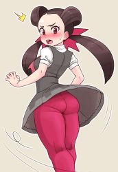 Rule 34 | 1girl, ^^^, ass, blush, breasts, brown hair, commentary request, creatures (company), dress, eyelashes, game freak, grey dress, gym leader, hair ornament, highres, long hair, looking at viewer, looking back, necktie, nintendo, open mouth, pantyhose, pink necktie, pink pantyhose, pokemon, pokemon oras, red eyes, roxanne (pokemon), shirt, short sleeves, solo, sweatdrop, teeth, tongue, tsubasa (godbardtsubasa), twintails, upper teeth only, white shirt