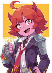 Rule 34 | 1girl, absurdres, ahoge, brass knuckles, colored skin, demon girl, grin, guardian tales, hand on own hip, highres, horns, looking at viewer, mujib, necktie, pink skin, red eyes, red hair, red horns, shirt, short hair, simple background, smile, swept bangs, twin fighter lavi, weapon