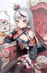 Rule 34 | 1girl, asa going, belt collar, black collar, black garter straps, black gloves, black hair, black jacket, black thighhighs, blush, breasts, camisole, chest belt, cleavage, collar, crown, fingerless gloves, fork, garter straps, gloves, grey hair, hair ornament, hairpin, highres, holding, holding fork, hololive, jacket, large breasts, long hair, looking at viewer, multicolored hair, nail polish, red eyes, red jacket, red nails, red skirt, sakamata chloe, sakamata chloe (1st costume), skirt, solo, streaked hair, thighhighs, torn clothes, torn thighhighs, two-sided fabric, two-sided jacket, virtual youtuber, white camisole, x hair ornament