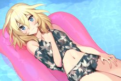 Rule 34 | 1girl, bikini, bikini shorts, black shirt, black shorts, blush, closed mouth, commentary, floral print, girls und panzer, hand on own chest, light frown, looking at viewer, lying, navel, off-shoulder shirt, off shoulder, on back, oshida (girls und panzer), pool, print shirt, print shorts, shirt, shorts, solo, swimsuit, tan (inka)