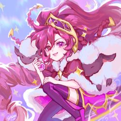 Rule 34 | 1girl, absurdres, animal, bottle, braid, cape, closed eyes, fur-trimmed cape, fur trim, grin, hair ornament, hand up, heterochromia, highres, holding, holding bottle, league of legends, long hair, pink eyes, pink footwear, purple thighhighs, red cape, red eyes, red hair, sheep, shiny clothes, shoes, smile, solo, sparkle, teeth, thighhighs, wan wan, winterblessed zoe, zoe (league of legends)