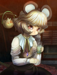 Rule 34 | 1girl, animal ears, basket, capelet, cup, dress, female focus, flower, frown, highres, holding, holding with tail, jewelry, light brown hair, long sleeves, looking at viewer, mouse (animal), mouse ears, nazrin, pendant, prehensile tail, red eyes, short hair, sitting, solo, steam, syope, tail, teacup, touhou, window, window blinds, yunomi
