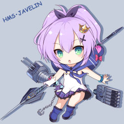 Rule 34 | 1girl, anchor, azur lane, bad id, bad pixiv id, blue footwear, blush, boots, bracelet, camisole, cannon, chain, character name, chibi, commentary request, crown, full body, gloves, green eyes, grey background, hair between eyes, highres, holding, holding weapon, javelin, javelin (azur lane), jewelry, kyuujou komachi, looking at viewer, mini crown, name connection, object namesake, parted lips, plaid, plaid skirt, purple hair, purple skirt, revision, simple background, single glove, skirt, solo, torpedo, turret, weapon, white camisole, white gloves