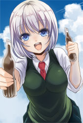 Rule 34 | 10s, blue eyes, blue sky, bottle, breasts, cardfight!! vanguard, cloud, knight of the harp tristan, large breasts, looking at viewer, necktie, royal paladin, shirt, short hair, sky, soda, sweater vest, white hair