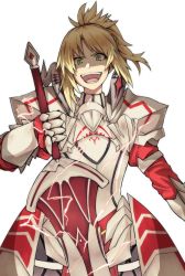 Rule 34 | 1girl, absurdres, armor, blonde hair, clarent (fate), electricity, fate/apocrypha, fate/grand order, fate (series), green eyes, highres, holding, holding sword, holding weapon, mordred (fate), mordred (fate/apocrypha), ponytail, shaded face, solo, sword, tsukamoto minori, weapon