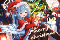 1girl :d ^_^ aged_down alternate_costume arms_up black_pantyhose blue_archive blue_hair blue_wings blush bow cape capelet character_print child christmas christmas_ornaments christmas_tree closed_eyes commentary_request doodle_sensei_(blue_archive) dress dutch_angle facing_viewer feathered_wings feet_out_of_frame fireplace fur-trimmed_cape fur-trimmed_dress fur-trimmed_sleeves fur_trim gift halo happy hat hat_bow hat_ornament holding holding_gift indoors long_hair long_sleeves low_wings merry_christmas mine_(blue_archive) multicolored_hair mutsuse night open_mouth paid_reward_available pantyhose paw_print pink_hair pointy_ears red_bow red_capelet red_dress santa_capelet santa_costume santa_dress santa_hat sensei_(blue_archive) short_dress sitting smile snowflakes solo sparkle star_(symbol) star_hat_ornament streaked_hair stuffed_animal stuffed_cat stuffed_toy very_long_hair wavecat_(blue_archive) wings yellow_halo