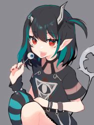 Rule 34 | 1girl, arm warmers, black dress, black hair, black thighhighs, blue hair, blue thighhighs, breasts, commentary request, demon girl, demon horns, demon tail, dress, eye hair ornament, eye of providence, eyeball, fang, feet out of frame, grey background, hair between eyes, haruto yuki, highres, holding, horns, looking at viewer, medium hair, multicolored hair, nanashi inc., official alternate costume, open mouth, pointy ears, red eyes, shishio chris, shishio chris (3rd costume), short sleeves, side ponytail, single arm warmer, single thighhigh, small breasts, smile, solo, sugar lyric, tail, thighhighs, tongue, tongue out, two-tone hair, virtual youtuber, wristband