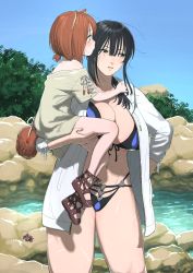 Rule 34 | 1boy, 1girl, abs, absurdres, age difference, animal ears, bikini, black bikini, black hair, breasts, brown hair, carrying, commentary request, cowboy shot, crab, day, green eyes, hair between eyes, highres, jacket, large breasts, long hair, looking away, navel, noah (onna kishi to kemonomimi no ko), olivia (onna kishi to kemomimi no ko), onna kishi to kemomimi no ko, open clothes, open jacket, original, outdoors, river, rock, swimsuit, tail, toned, turbo engine (rakugaki tabo), white jacket