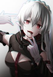 Rule 34 | 1girl, arknights, armband, bare shoulders, black shirt, blood, blood from mouth, blood on hands, braid, breasts, commentary request, crown braid, detached sleeves, gloves, gradient background, grey background, hair between eyes, highres, holding, hood, hood down, kureneko, licking, licking finger, long hair, long sleeves, looking at viewer, medium breasts, \\n/, necktie, pointy ears, red eyes, red necktie, shirt, silver hair, slit pupils, solo, tongue, tongue out, upper body, vampire, very long hair, warfarin (arknights), white background, white gloves, yandere