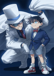 Rule 34 | 2boys, black hair, blue eyes, blue jacket, blue shirt, bow, bowtie, cape, child, closed mouth, collared shirt, dress shirt, edogawa conan, formal, glasses, gloves, grey shorts, grin, hand in pocket, hat, highres, jacket, kaitou kid, long sleeves, magic kaito, male focus, meitantei conan, monocle, multiple boys, necktie, pant suit, pants, red bow, red bowtie, red footwear, red necktie, remsor076, shirt, short hair, short shorts, shorts, smile, socks, suit, white cape, white gloves, white headwear, white jacket, white pants, white shirt, white socks, wing collar