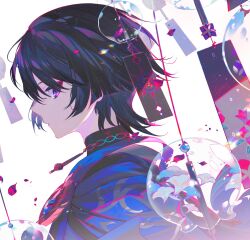 Rule 34 | 1boy, black hair, closed mouth, from side, genshin impact, hair between eyes, highres, japanese clothes, lyodi, male focus, mandarin collar, multicolored hair, petals, profile, purple eyes, purple hair, scaramouche (genshin impact), simple background, solo, upper body, wanderer (genshin impact), white background, wind chime