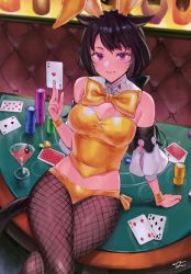 Rule 34 | 1girl, absurdres, animal ears, arm support, bare shoulders, between fingers, black bow, black footwear, blush, bow, breasts, brown hair, bustier, card, casino, casino card table, cat ears, cat girl, cat tail, chips (food), cleavage, closed mouth, cocktail glass, commentary, cowboy shot, crossed legs, cup, detached collar, detached sleeves, drinking glass, eyelashes, facial mark, fake animal ears, final fantasy, final fantasy xiv, fingernails, fishnet pantyhose, fishnets, food, groin, hair bow, hand up, highres, holding, holding card, indoors, leotard, long fingernails, long hair, looking at viewer, lowleg, lowleg panties, medium breasts, midriff peek, miqo&#039;te, nail polish, necktie, on table, panties, pantyhose, playboy bunny, poker chip, ponytail, puffy short sleeves, puffy sleeves, purple eyes, rabbit ears, red nails, short sleeves, signature, sitting, slit pupils, smile, solo, strapless, swept bangs, table, tail, underwear, uni (melm), warrior of light (ff14), whisker markings, white panties, white sleeves, wristband, yellow bow, yellow bustier, yellow necktie