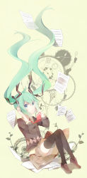 Rule 34 | 1girl, aqua eyes, bad id, bad pixiv id, floating hair, green hair, hair ribbon, hatsune miku, headphones, highres, loafers, long hair, necktie, p0ckylo, ribbon, sheet music, shoes, sitting, skirt, solo, sweater, thighhighs, twintails, very long hair, vocaloid