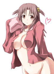 Rule 34 | 10s, 1girl, bottomless, breasts, brown eyes, brown hair, cleavage, heart, infinite stratos, large breasts, mister (black and white), navel, no bra, nohotoke honne, open clothes, pajamas, short hair, short twintails, sideboob, sleeves past wrists, solo, twintails