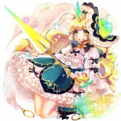 Rule 34 | 1girl, black bow, bow, dress, frilled dress, frilled hat, frills, full body, hat, holding, holding sword, holding weapon, horns, kai-ri-sei million arthur, long hair, looking at viewer, maipou (maihana), million arthur (series), qilin (kai-ri-sei million arthur), single horn, solo, sword, weapon, white background, yellow eyes