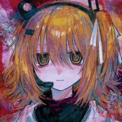 Rule 34 | 1girl, a.i. voice, abstract background, adachi rei, bags under eyes, black shirt, bright pupils, closed mouth, colorful, commentary request, dokusanchu, hair ornament, hair ribbon, hairclip, headlamp, headset, highres, light smile, looking at viewer, medium hair, multicolored background, one side up, orange eyes, orange hair, portrait, radio antenna, red background, ribbon, shirt, solo, turtleneck, utau, white pupils, white ribbon