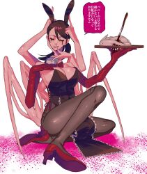 Rule 34 | 1girl, alternate costume, animal ears, arthropod limbs, black leotard, blood, blood drip, blood from mouth, bloody tears, bow, bowtie, breasts, brown hair, chainsaw man, chicken (food), closed eyes, detached collar, disembodied head, elbow gloves, extra arms, facing viewer, fake animal ears, falling devil (chainsaw man), food, gloves, highres, holding, holding head, holding tray, knife, large breasts, leotard, long hair, nosebleed, pantyhose, playboy bunny, pointing, pointing up, ponytail, rabbit ears, red bow, red bowtie, red footwear, red gloves, severed head, side-tie leotard, smile, solo, speech bubble, strapless, strapless leotard, tongue, tongue out, translation request, tray, tsujii luki, white background